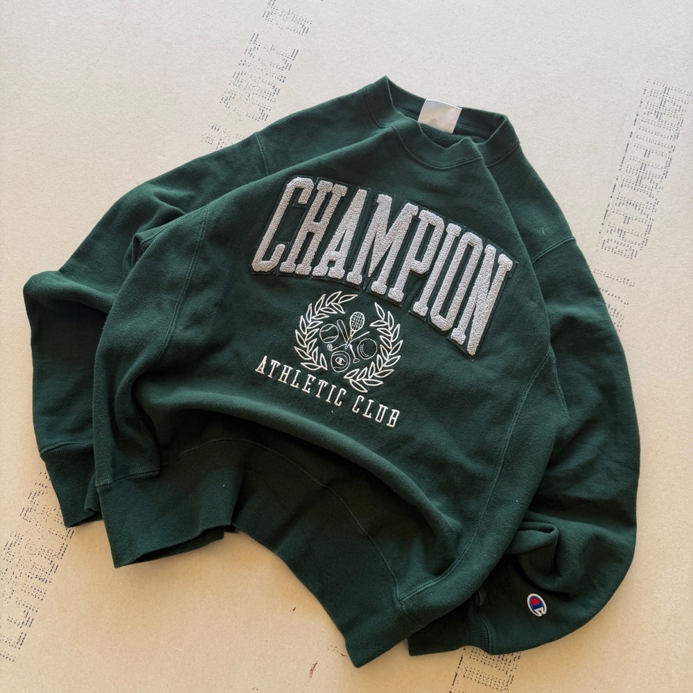 Y2K Champion Reverse Weave Crewneck Sweatshirt Athletic Club Green Small